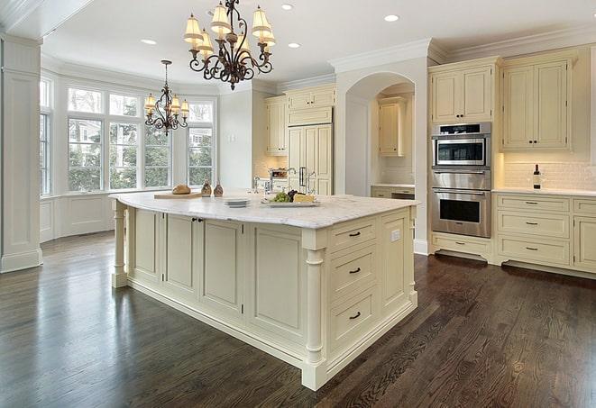 wood-look laminate floors in bright, airy kitchen in Moseley